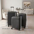 Grey hard shell luggage set of three with size labels
