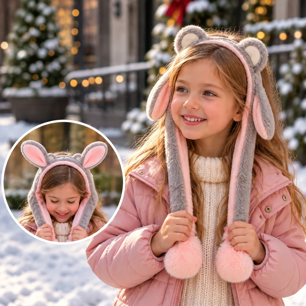 Girl in a pink puffer wearing a grey plush ear headband with long floppy ears and pink pom poms