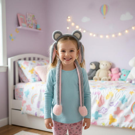 Grey fluffy ear headband with pink hanging ears and pom pom cords on a girl in a bedroom