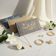 Heather grey woven long clutch wallet embroidered in gold with a cedar tree and Beirut