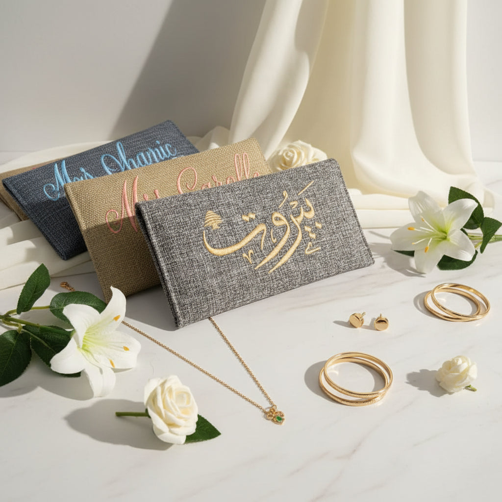 Heather grey woven long clutch wallet embroidered in gold with a cedar tree and Beirut