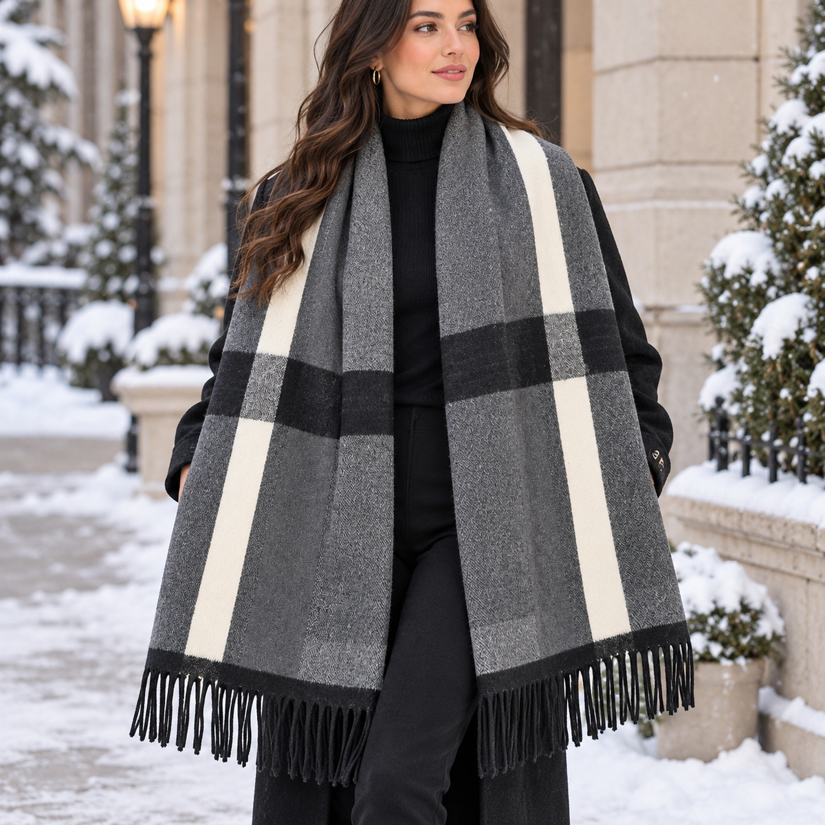 Grey block check blanket wrap worn open over a black turtleneck and coat with long black fringe ends