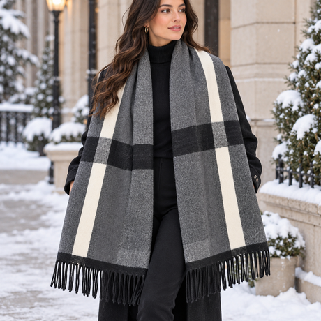 Grey block check blanket wrap worn open over a black turtleneck and coat with long black fringe ends