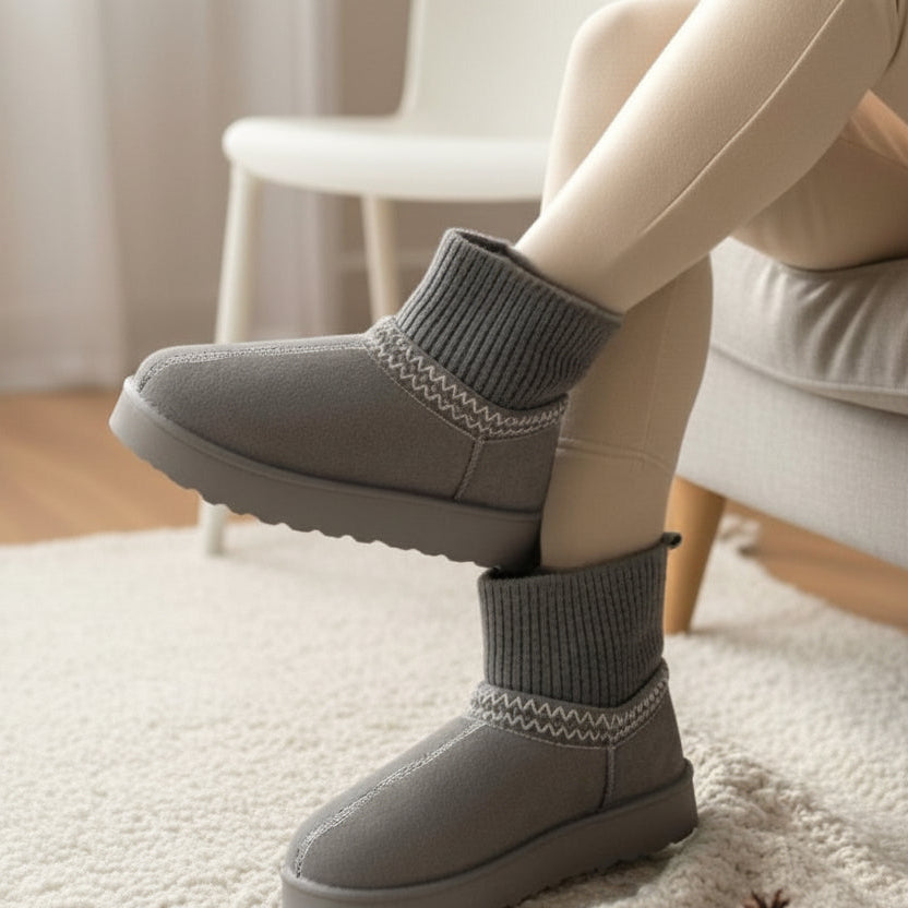 Grey platform ankle boots seen seated, knit cuff and a white stitched toe cap seam