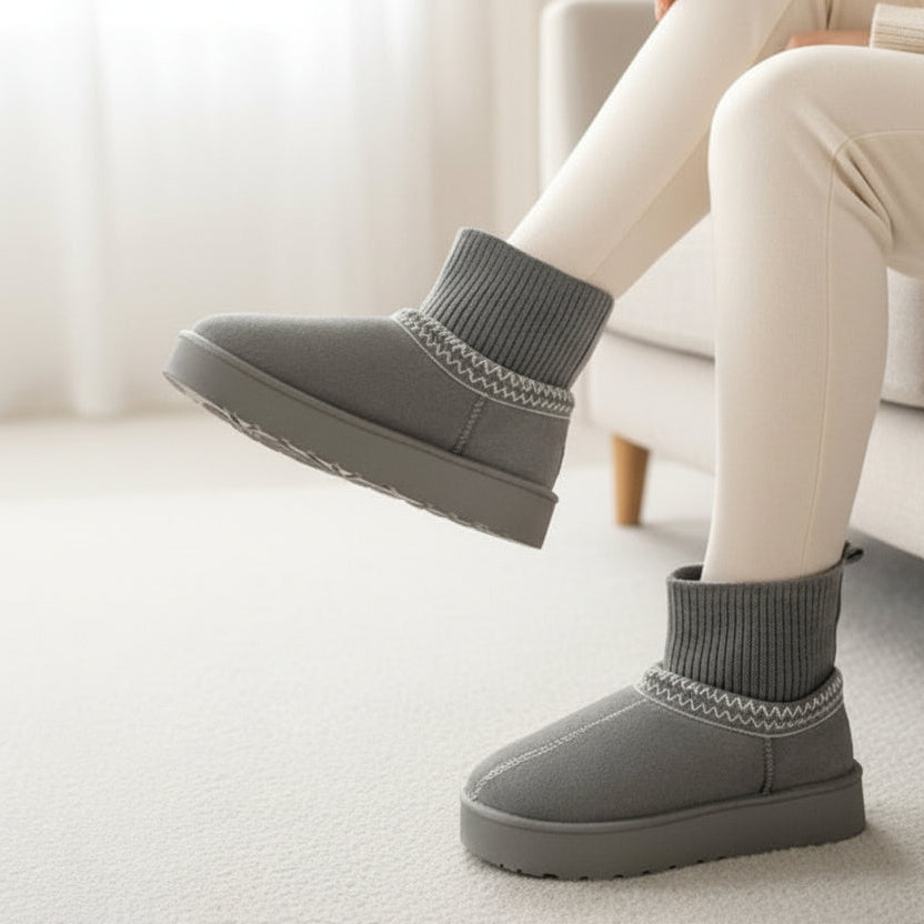 Grey suede look ankle boots with white zigzag embroidery, worn in a bright white room