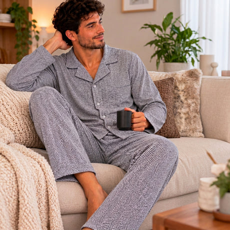 Man on a sofa with a mug wearing a grey herringbone button front pyjama shirt and trousers
