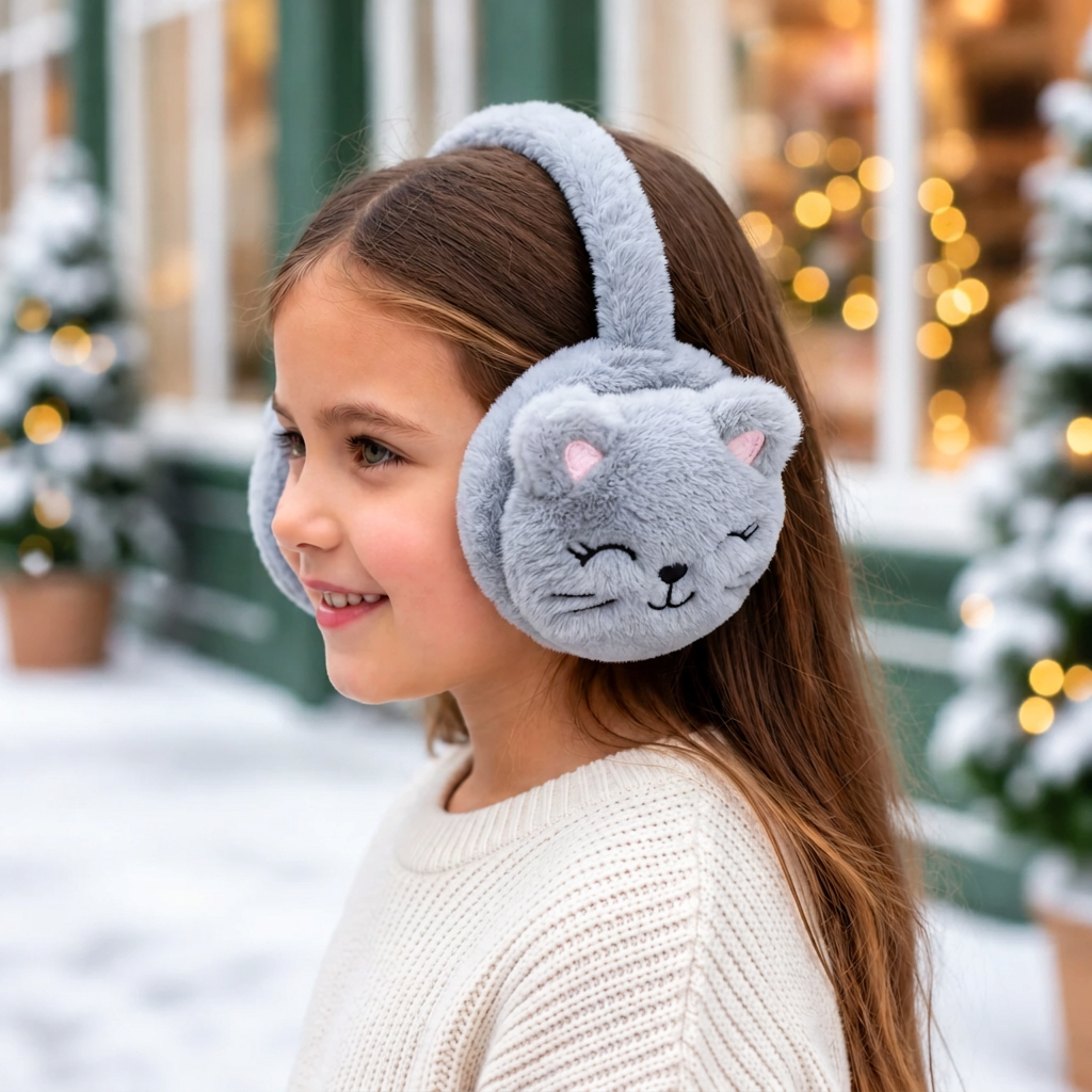 Side view of a girl wearing grey plush cat face ear muffs on a snowy shopping street