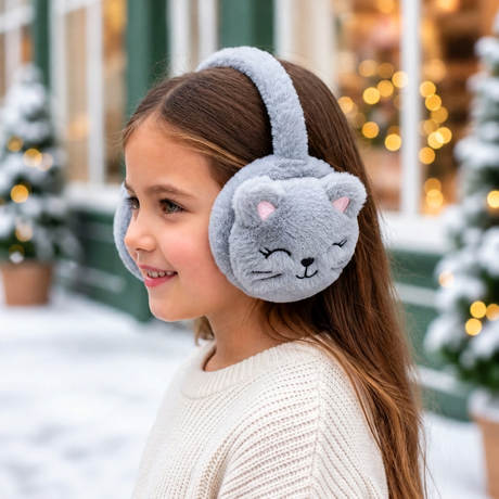 Side view of a girl wearing grey plush cat face ear muffs on a snowy shopping street