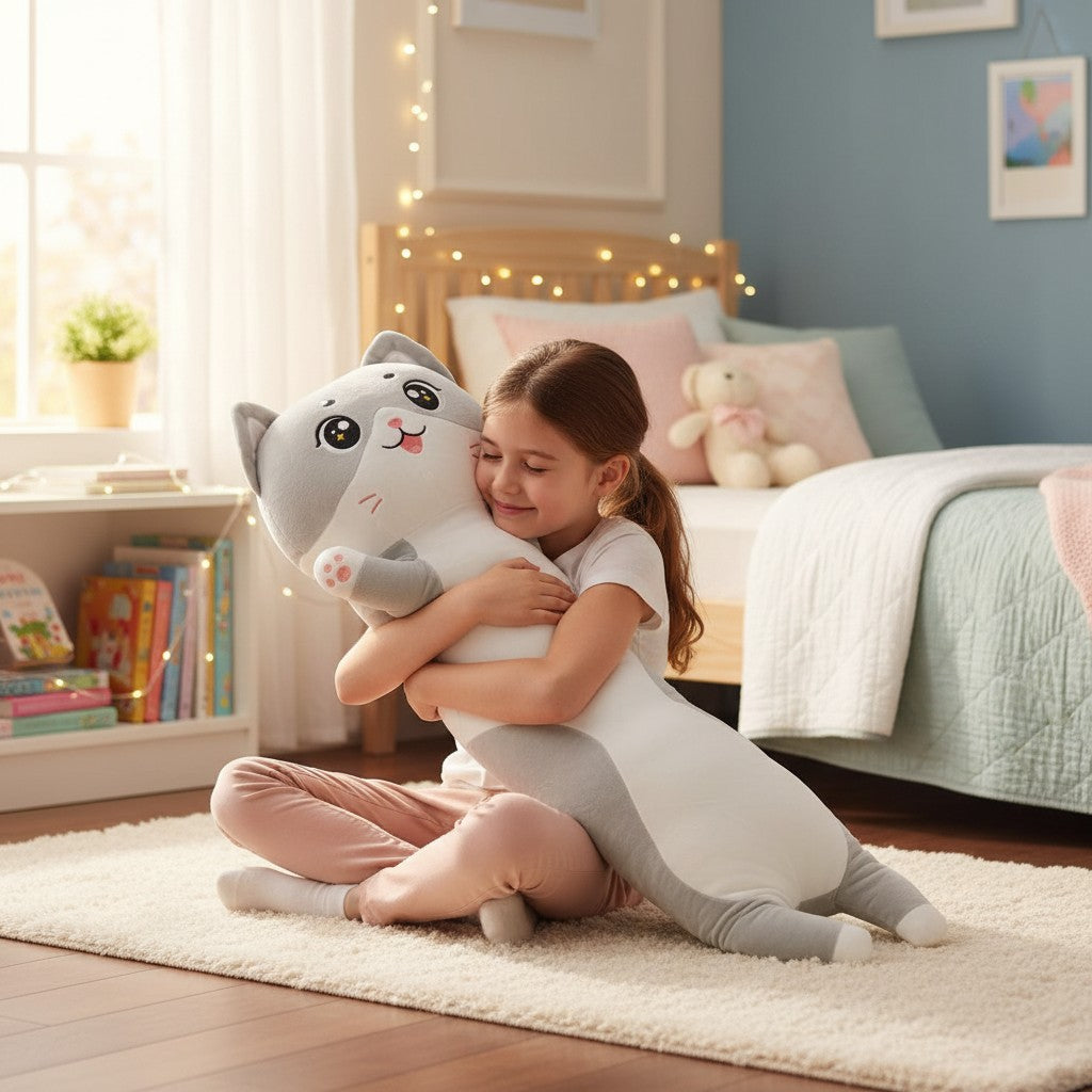 Grey and white cat long body pillow plush toy sitting, Jack Gifts Online Lebanon