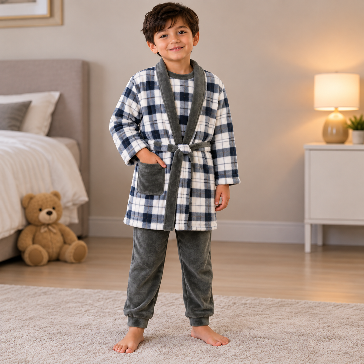 Boy in a grey and cream check fleece robe with grey trim, check top and grey trousers