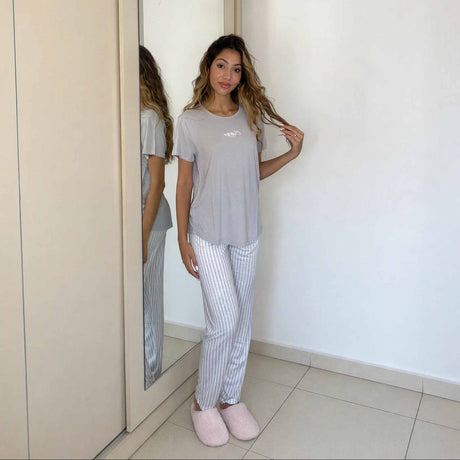 Women's grey pyjama tee with white and grey striped bottoms