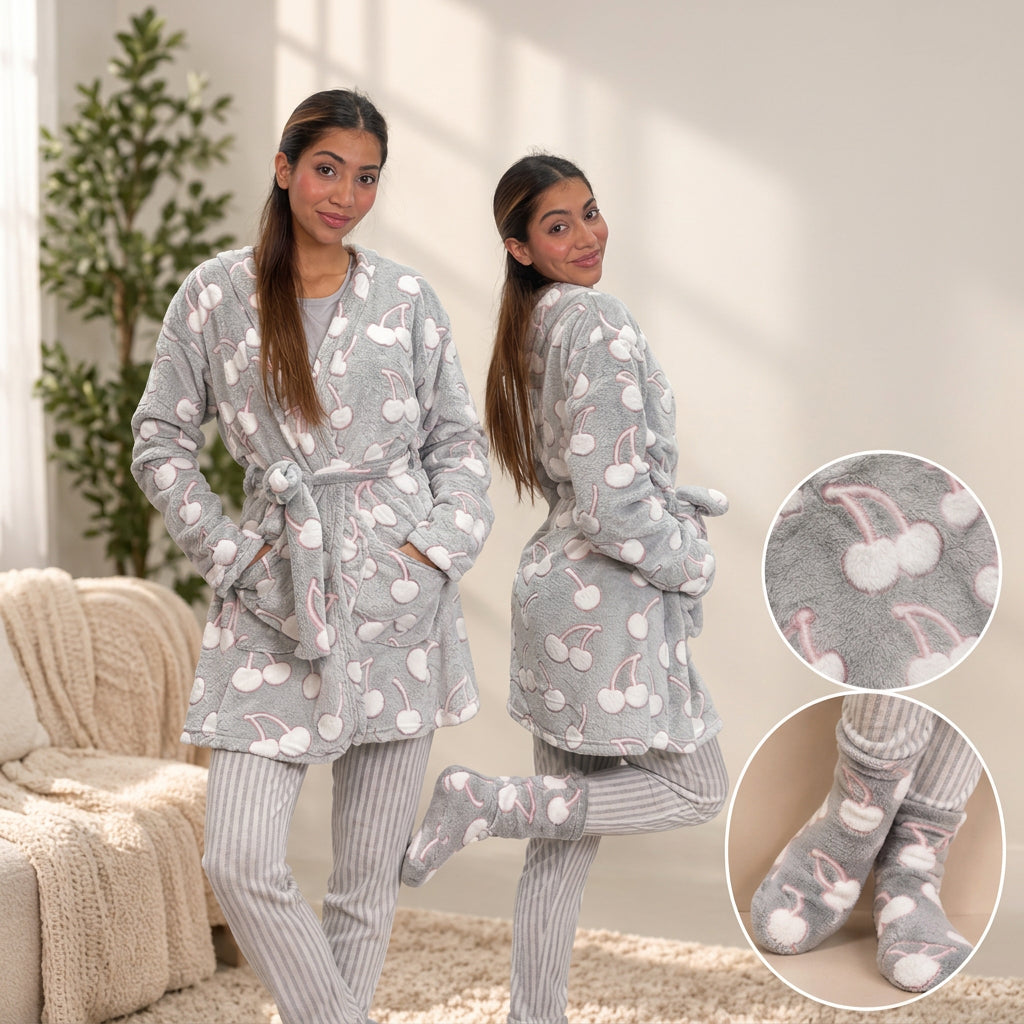Two women in grey hooded fleece robes with cherry print, with sock close ups inset