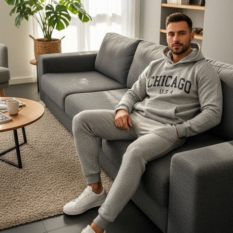 Man sitting on a grey sofa in a modern living room wearing a grey 'Chicago' set