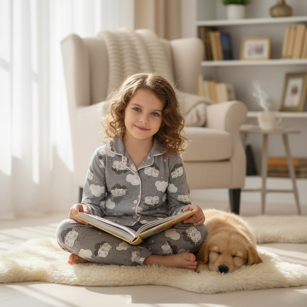 Grey cloud print button up pajama set worn reading with a puppy nearby
