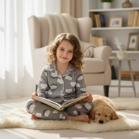 Grey cloud print button up pajama set worn reading with a puppy nearby