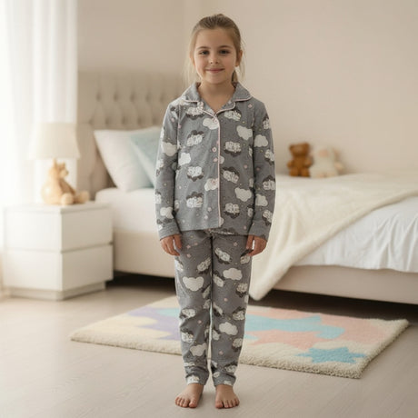 Girls grey cloud print pajama set with pink piping and button up top