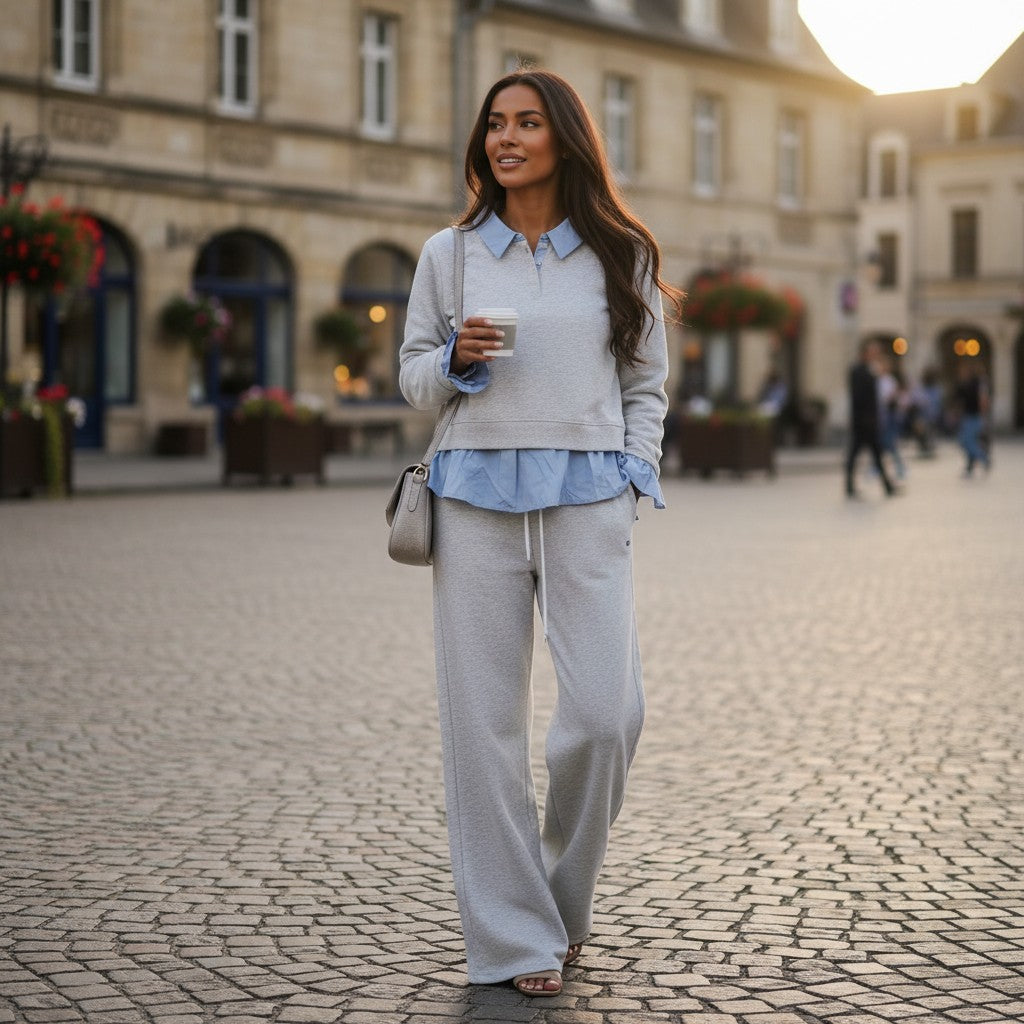 Woman in grey collared sweatshirt and wide leg pants two piece set, Jack Gifts Online Lebanon