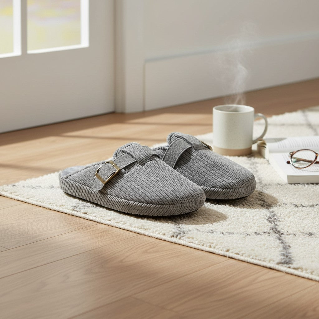 Pair of grey corduroy buckle slippers resting on a patterned rug by a mug
