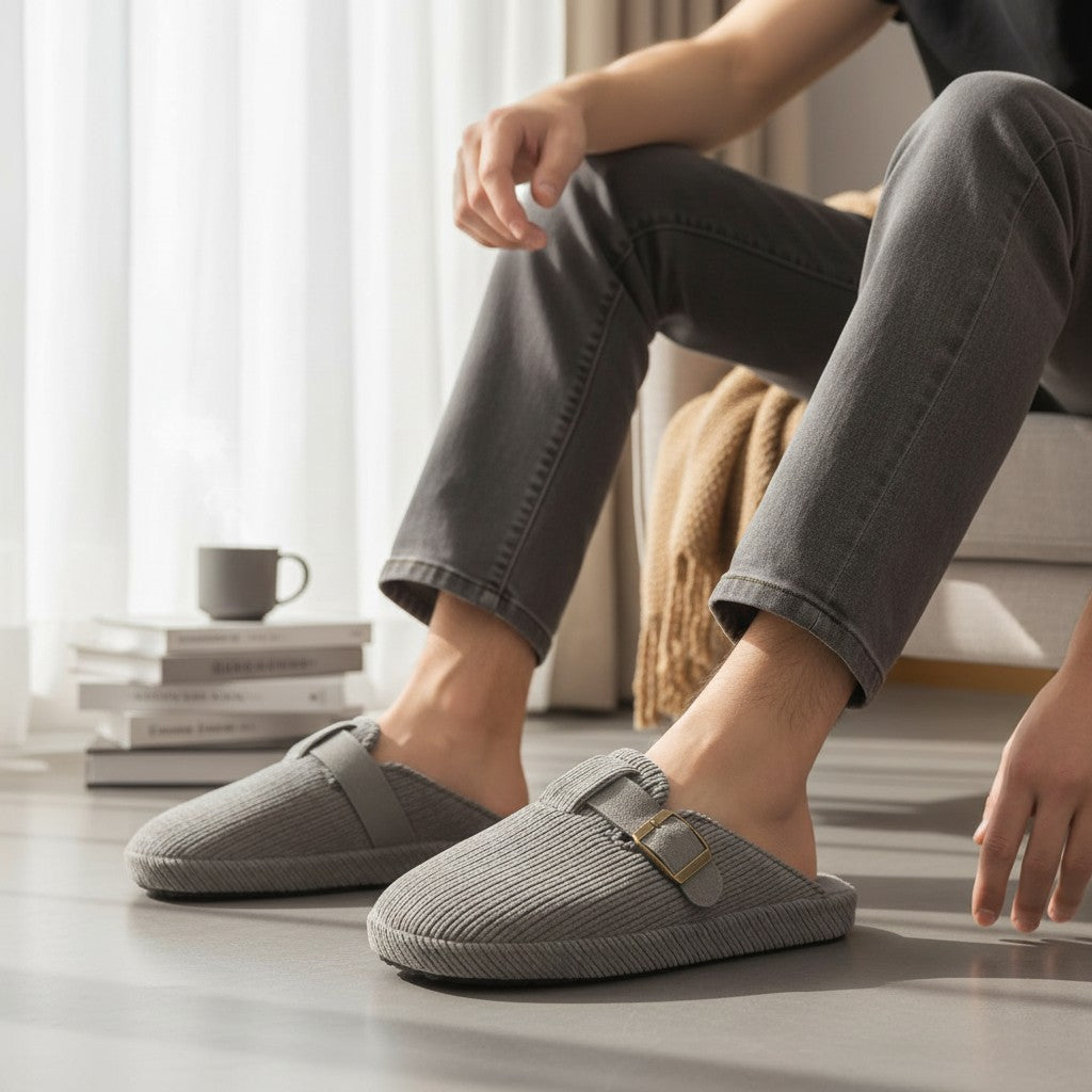 Man wearing grey corduroy slippers with a gold toned buckle strap across the vamp