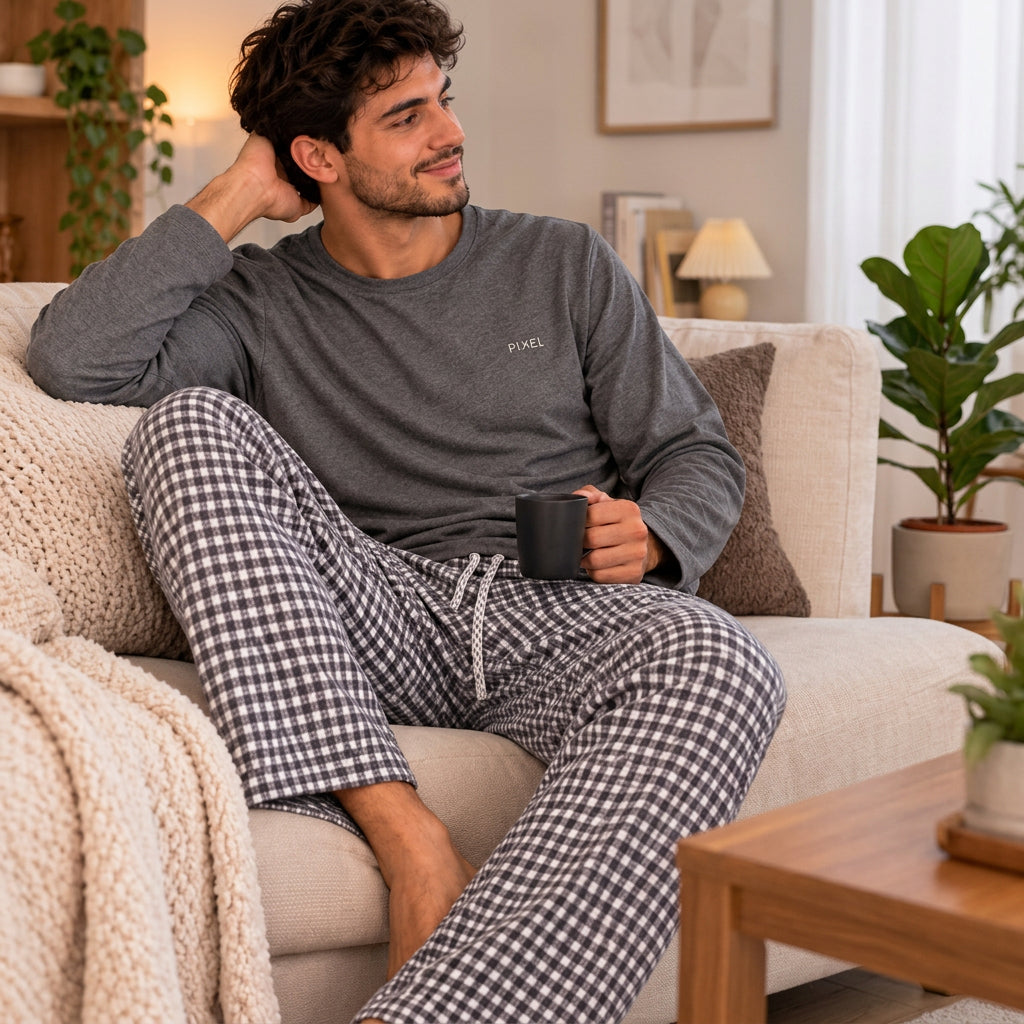 Man relaxing on a sofa with a mug in a grey textured top and black and white gingham pyjama trousers