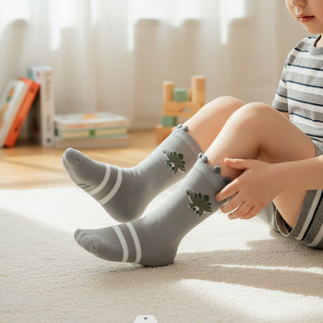 Kids grey knee high socks with a green dinosaur motif and spike cuff, Jack Gifts Online Lebanon