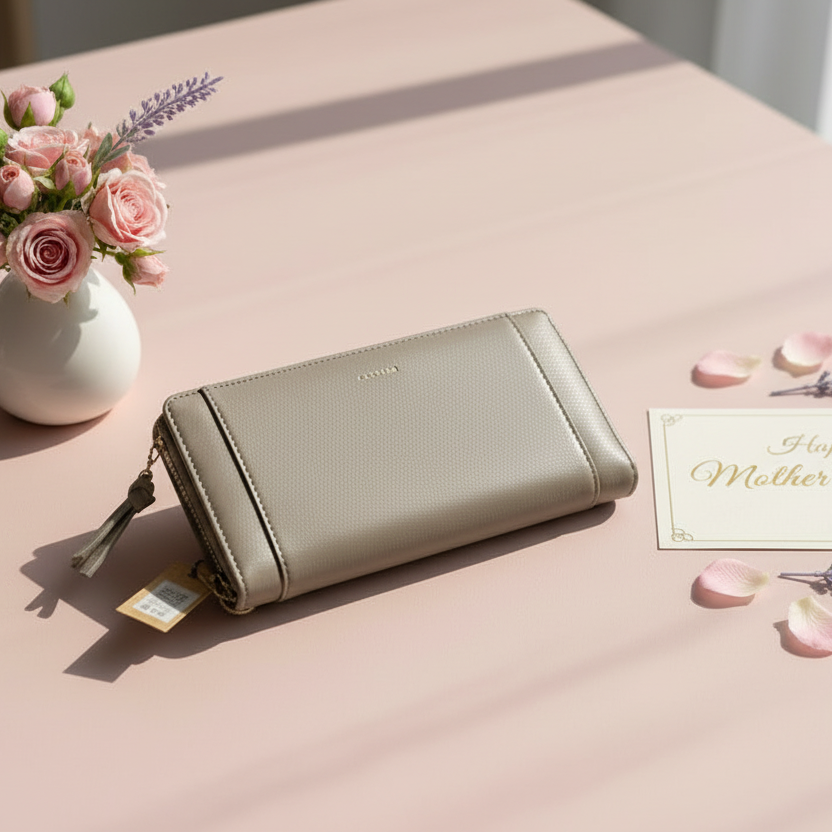 Grey wallet on a pink surface with flowers and a 'Happy Mother's Day' card