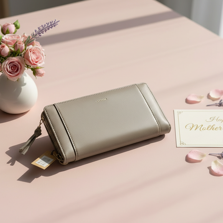 Grey wallet on a pink surface with flowers and a 'Happy Mother's Day' card