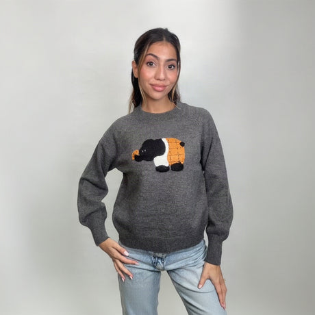 Grey raglan sleeve sweater with an elephant applique, worn with light wash jeans