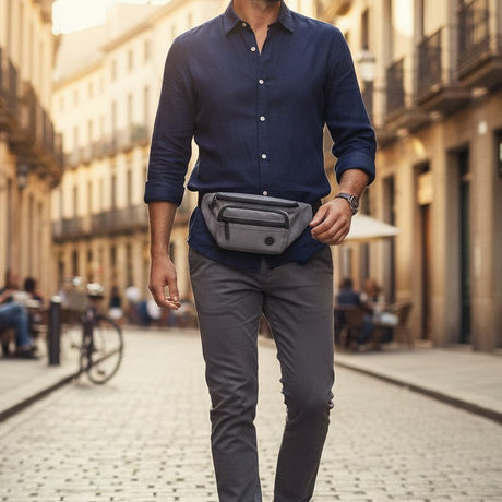 Man walking down a sunlit street wearing a blue shirt, grey pants, and a waist bag