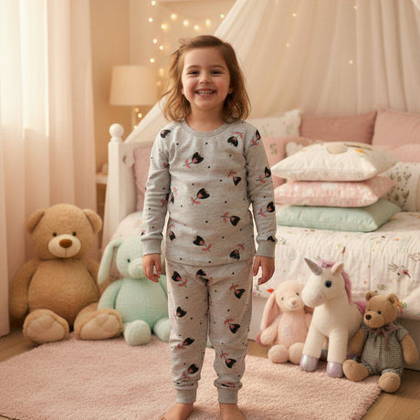 Girls grey pajama set with floral and bow print, long sleeve top and cuffed pants