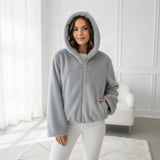 Women's grey faux fur hooded jacket, warm hip length winter wear, Jack Gifts Online Lebanon