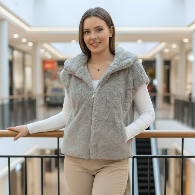 Grey faux fur hooded vest worn by a mall railing