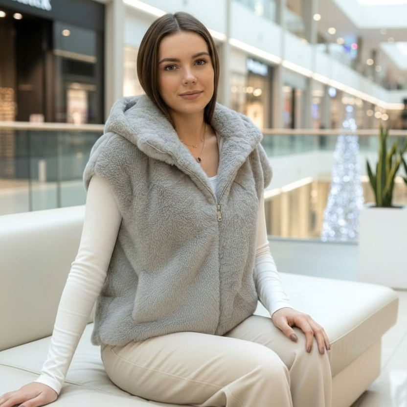 Grey fur vest worn seated on a white sofa in a mall