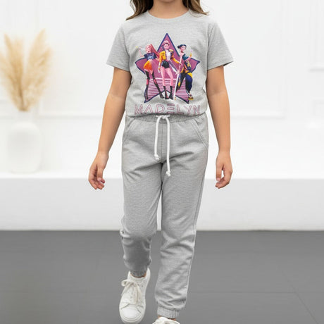 Grey girls set with a girl band star print tee and matching grey jogger pants