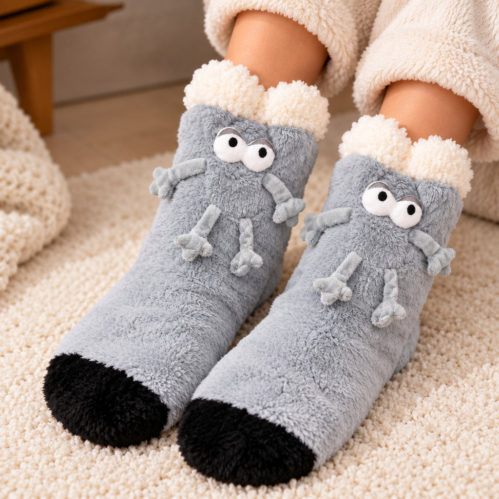 Grey fuzzy socks with googly eyes, little 3D arms and legs, a black toe and a fluffy cream cuff