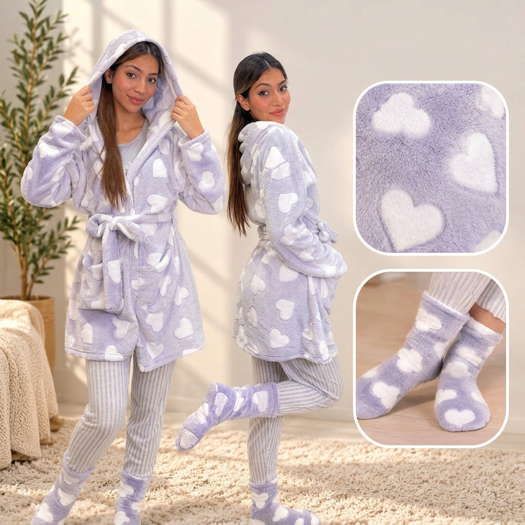 Grey hooded fleece robe with white hearts worn by two women, with fabric and sock close ups