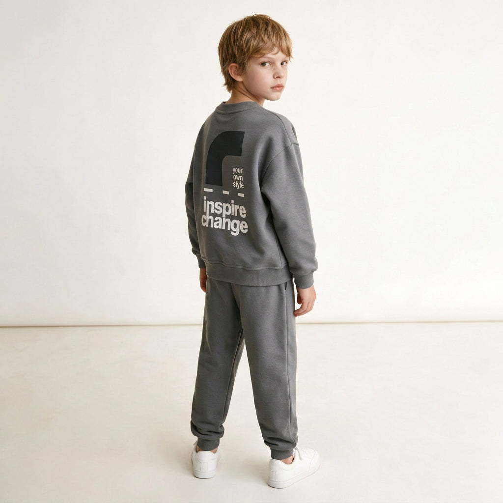 Back of the grey sweatshirt showing the large inspire change print