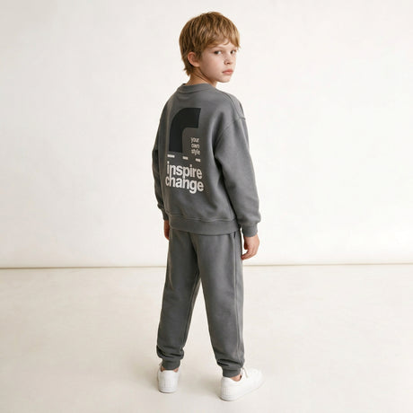 Back of the grey sweatshirt showing the large inspire change print