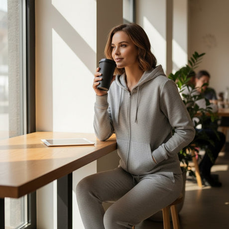 Woman in a grey outfit holding a coffee cup in a modern cafe