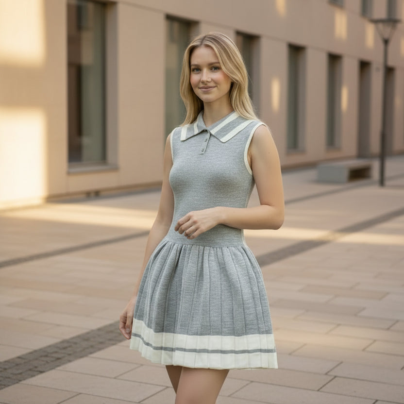 Woman wearing a grey dress with white collar and trim standing on a paved walkway