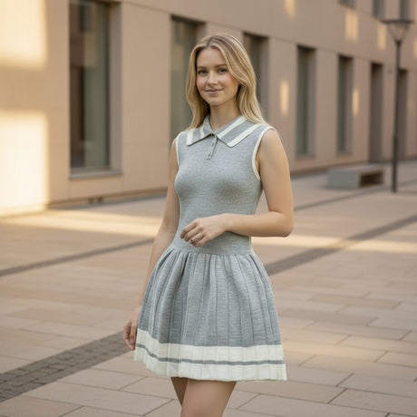 Woman wearing a grey dress with white collar and trim standing on a paved walkway