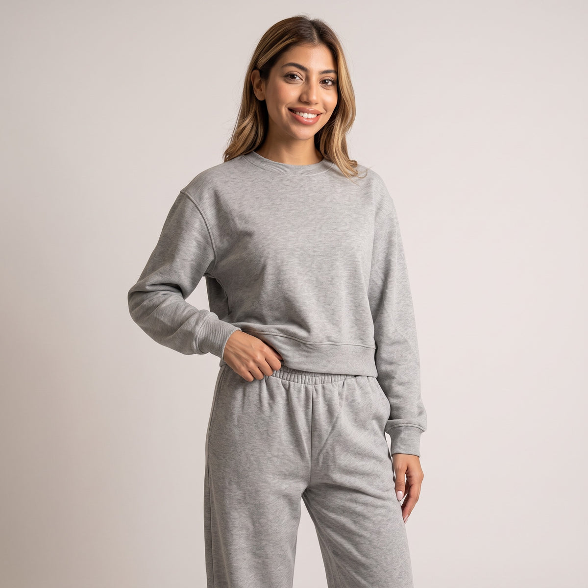 Grey marl lace trim set worn with the sleeves pushed up