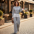 Woman in grey lace trim sweatshirt and wide leg pants set, Jack Gifts Online Lebanon