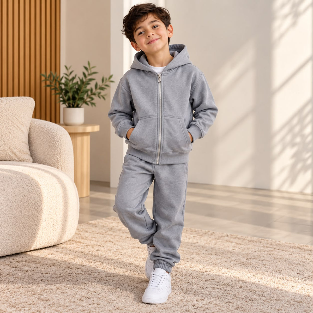 Boy in a grey marl zip up hoodie and matching grey joggers in a living room