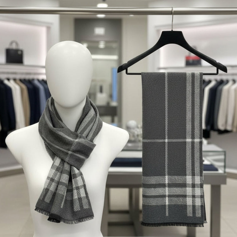Grey plaid scarf on a mannequin and hanger in a store setting