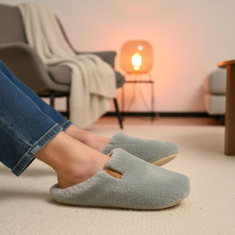 Person wearing grey slippers in a cozy living room