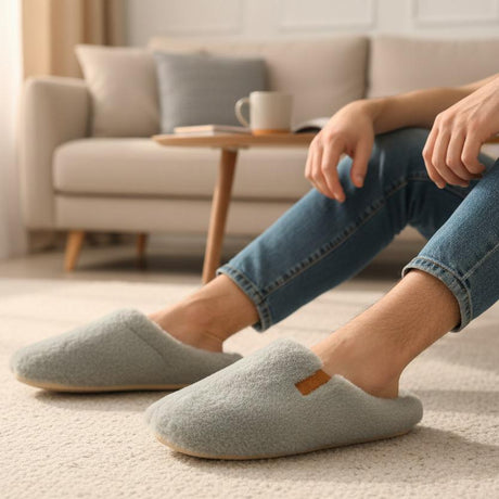 Person wearing light grey slippers in a cozy living room