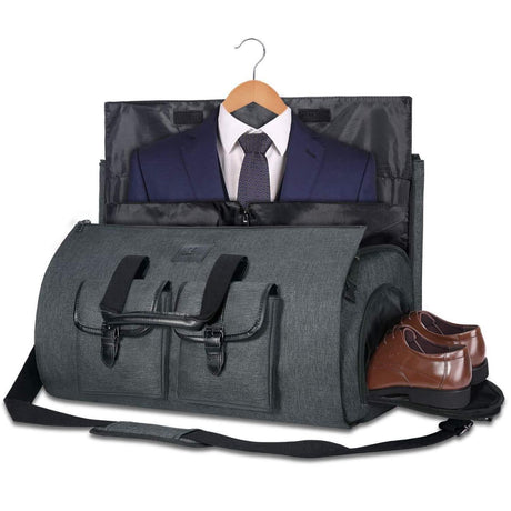 Men's grey duffle bag side view showing zip closure and reinforced base