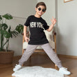 Boys black tee with a New York print and grey cuffed joggers, two piece boys set