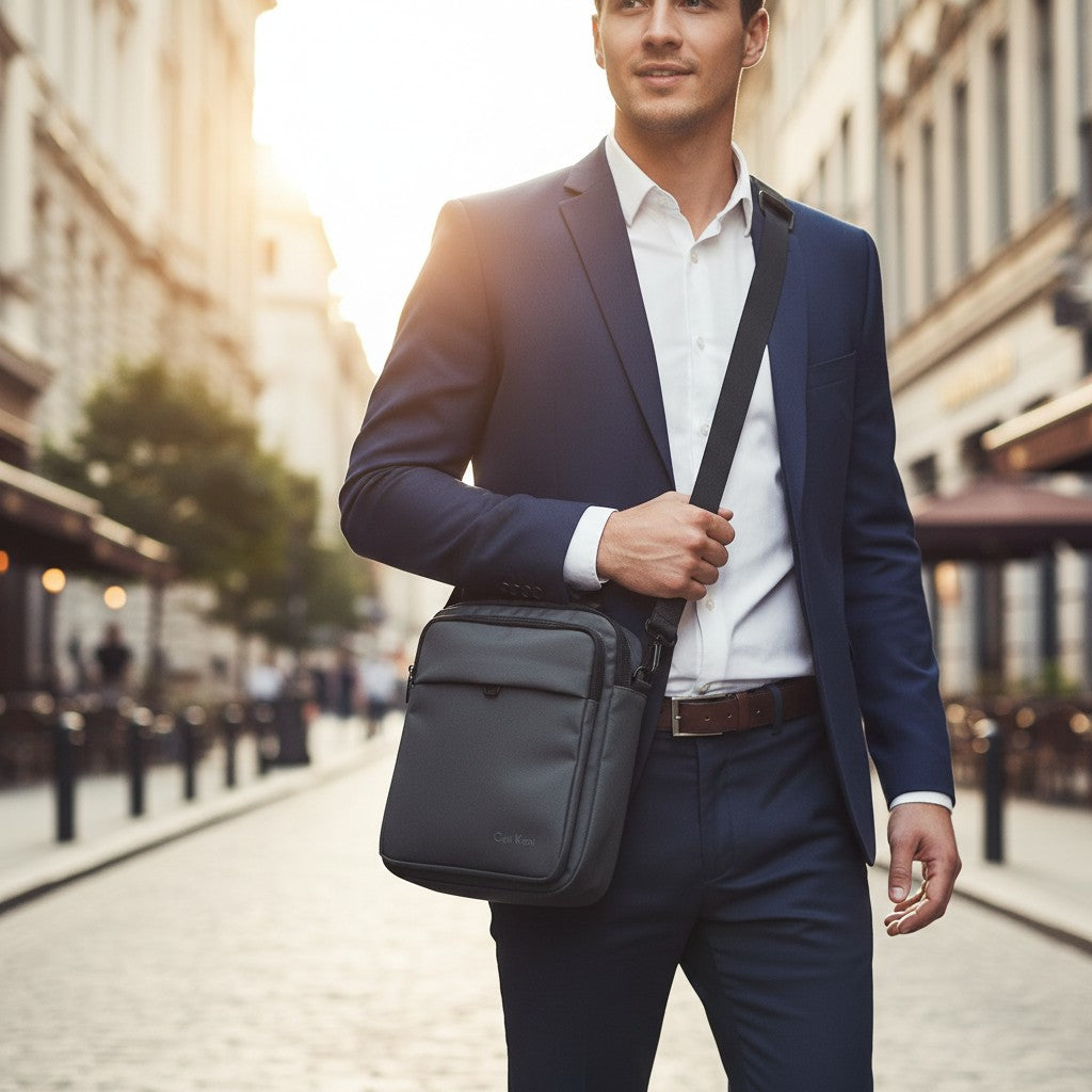 Man in a suit holding a grey bag on a city street